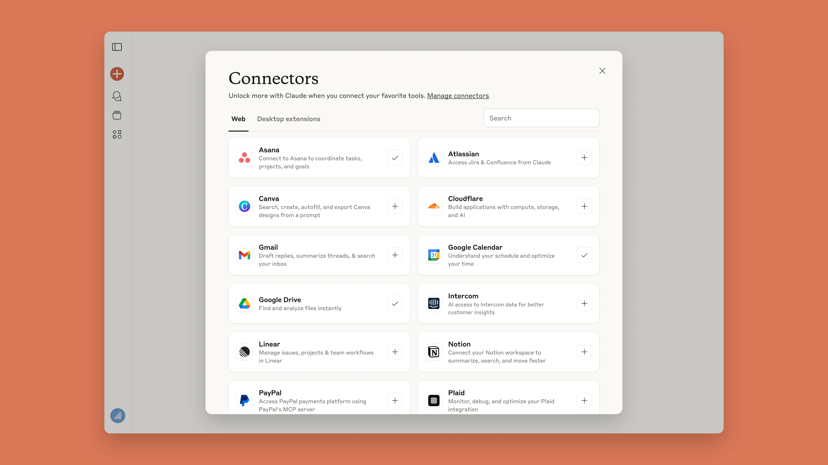 Screenshot of a connectors dialog box in Claude app, showing various tools and services users can explore and connect to Claude. 