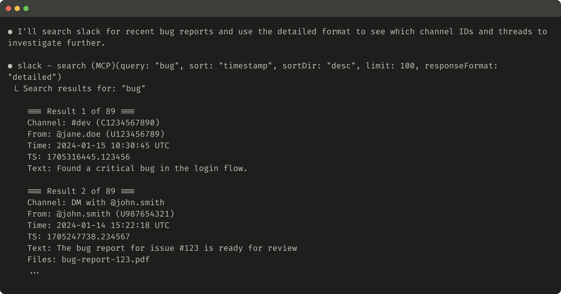 This code snippet depicts an example of a detailed tool response.