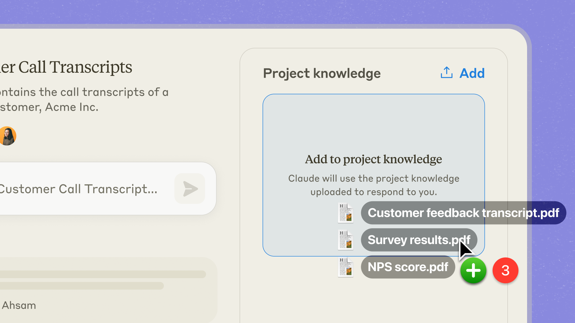 App screen showing a user uploading docs to Claude.ai