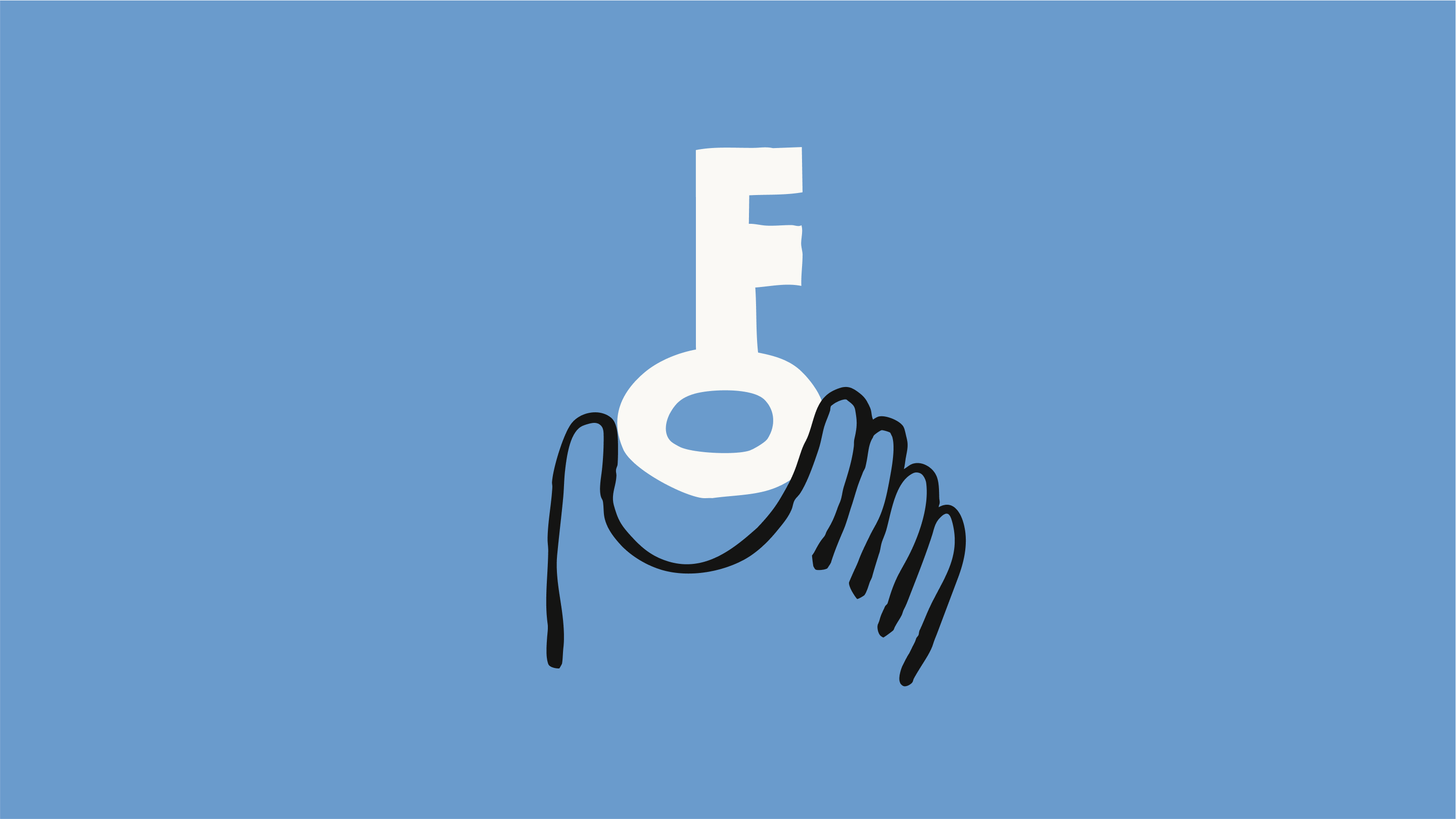 A hand drawn illustration of a hand holding a white key vertically against a blue background. 